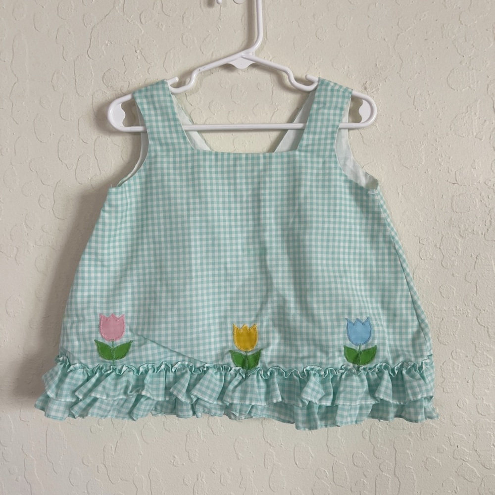 Vintage 70s Penn Prest Toddler Girls Gingham Ruffle Tulip Floral Tank Top 3T 4T